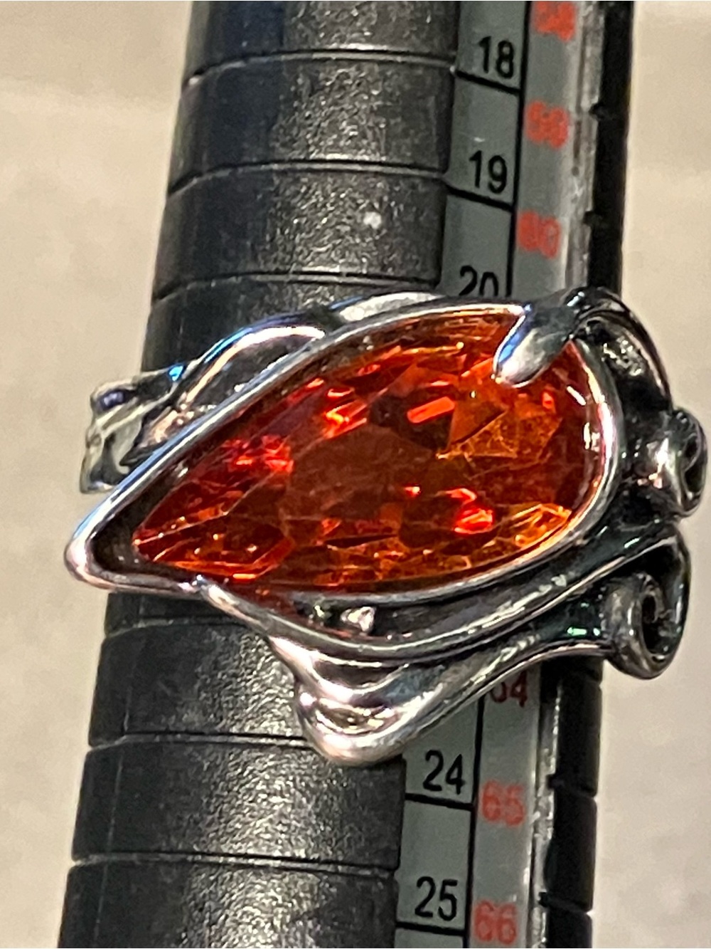 Amber Colored Teardrop Goth Cocktail Ring Silver Tone Size 10 Vampire Cosplay
